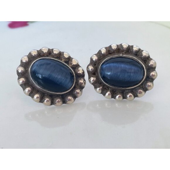 Mexico Jewelry - Vintage Mexican Sterling Silver Blue Cat Eye Earrings